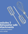 Big Time Slick And Kickin Six Speed Electric Hand Mixer With Quick Burst Function Includes Complete Three Piece Beater Set And Snappy Storage Case For Hassle Free Mixing Tasks with whisk and beaters.