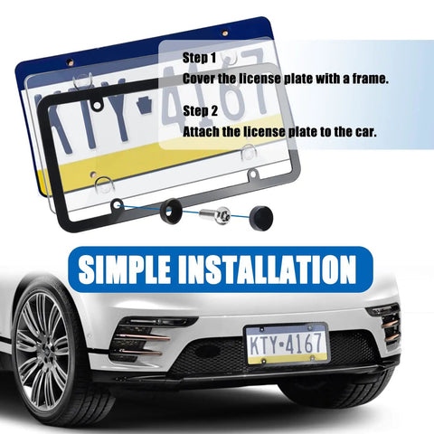 Display of Two Pack Car License Plate Frames And License Plate Protector Kit With Waterproof Covers Built To Last Tough As Nails Durable Frame Protectors With Screws Caps For All Weather Protection next to car installation example.