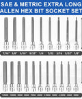 Pro Shop Extra Long Hex Socket Set Featuring Twenty Precision Allen Bits And 3/8 Inch Drive shown with SAE and metric sizes.