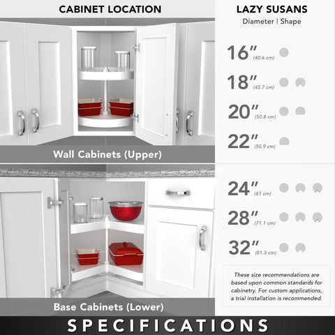 Smooth Operator 32 Inch Kidney Shaped Double Lazy Susan For Corner Base Cabinets, Solid Maple Spice Rack shown in cabinet locations.