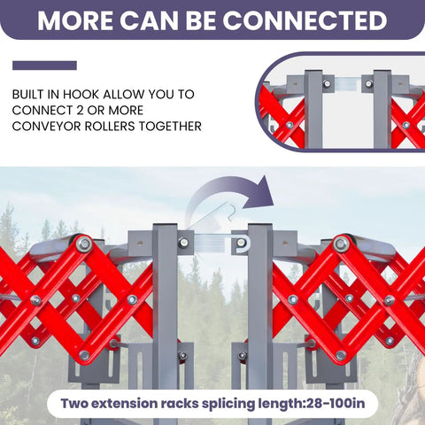 Heavy Duty Adjustable Conveyor Roller System With Wheels Expandable 14 To 52 Inch Length And 27.5 To 50 Inch Height shown with extension racks for connection.