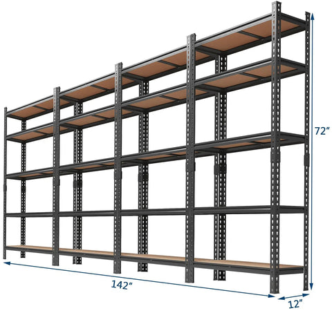 Heavy Duty Five Tier Metal Storage Shelving Unit For Garage, 72x142x12 inches, carbon steel for tool storage.