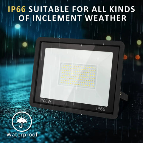 Super Rugged 100W Led Flood Lights Outdoor With Plug, 10000 Lm Ultra Bright Daylight White Work Lamp, Ip66 all weather resistant in rain.