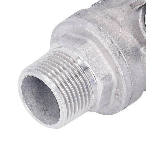 Dang Tough 3/4 Inch Stainless Steel Manual Shutoff Valve With Male Threads Heavy Duty Plumbing Fitting close-up on threaded end.