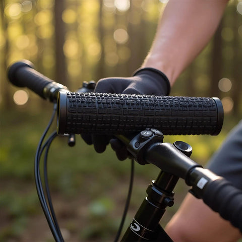 Close-up of Two Pack MTB Handlebar Grips For Twisting Shifter, Shock Absorbing Anti Slip Rubber Grips on a mountain bike in a forest setting