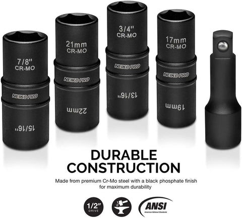 Durable 1/2 Inch Drive Flip Impact Socket Set With 3 Inch Extension Chrome Moly Steel, SAE and Metric, 5-piece kit.