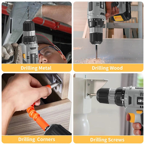 Killer 20V Cordless Drill Set With 2.0 Ah Battery And Charger 30 Nm Torque 21+1 clutch settings used for drilling metal, wood, corners, and screws.