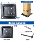 Image showing components of 4x4 Wood Post Plate Connector And Post Base Bracket Black For Deck Fence Porch Railing Support Protects Post Bases On Wood Or Concrete Floors Fits Three Point Five To Four Inch Posts Rugged Mount For All Weather Outdoor Projects, including base, drive, and screws.