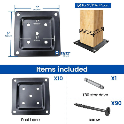 Image showing components of 4x4 Wood Post Plate Connector And Post Base Bracket Black For Deck Fence Porch Railing Support Protects Post Bases On Wood Or Concrete Floors Fits Three Point Five To Four Inch Posts Rugged Mount For All Weather Outdoor Projects, including base, drive, and screws.