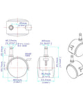 Heavy Duty Hooded Twin Wheel Casters With Locking Brake And Full Swivel Action dimensions illustration for black nylon tires.