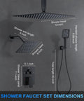 Top Shelf Ceiling Mount Rainfall Shower System With 12 Inch Matte Black Finish Side Spray Heads Self Cleaning Nozzles And Multi Function Handheld Sprayer For A Pro Level Bathroom Glow Up dimensions and faucet features.