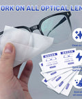 Hand using pre-moistened lens wipe on glasses with pack of wipes for streak-free cleaning and dust removal.
