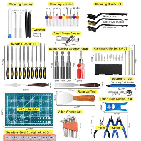 Goes Hard 82 Piece 3D Printer Tool Kit With Rugged Carry Case; includes cleaning needles, tools, and cutting mat for repairs.