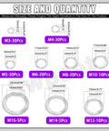 Size and quantity chart for 160 Piece 304 Stainless Steel Double Side Tooth Lock Washer Assortment Kit M3 Through M16 Sizes.