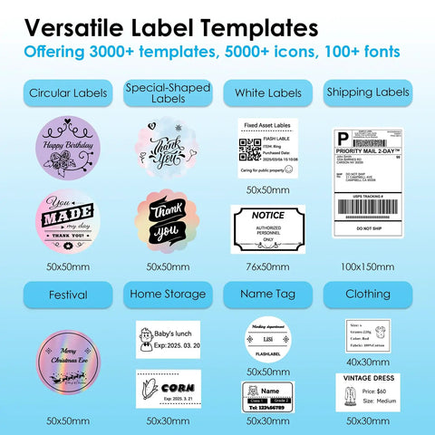 Versatile Label Templates showcasing various designs, including circular, special-shaped, and shipping labels.