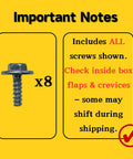 Important notes image indicating 8 screws included for assembly, with instructions on checking box flaps for loose screws.