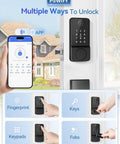 Smart Keyless Entry Door Lock With Handle, Bluetooth App Control Front Lock, shown with phone app and multiple unlocking methods.