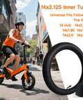 Two Pack 14x2.125 Bike Inner Tubes For 14 Inch Wheels, beefy rubber, displayed with cyclist on orange electric bike