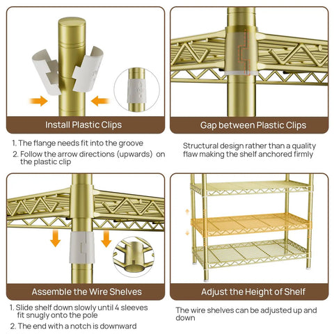 Kickass Heavy Duty Portable Closet Rack With Adjustable Metal Shelves assembly instructions showing clips and height adjustments.