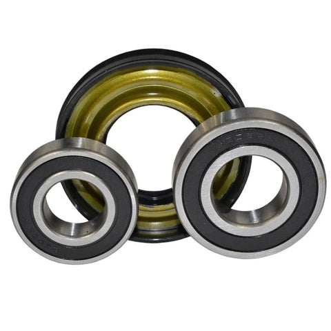 Front Load Washer Drive Bearings And Greaseproof Drum Seal Kit Slips Right Into Whirlpool Duet Sport Models, showing two bearings and one drum seal.