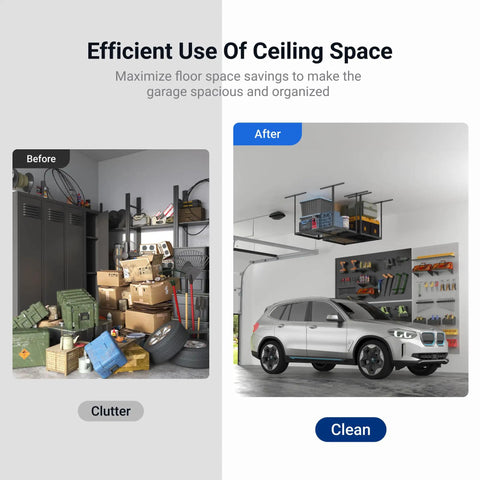 Before and after garage organization using Heavy Duty Overhead Garage Storage Rack Free Up Floor Space With This Bad Boy Steel Ceiling Mount.