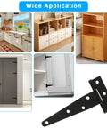 12 Pcs 6 Inch T Strap Hinges Heavy Duty Outdoor Tee Hinge for Wooden Fences Barn Doors; images of applications and a hinge.