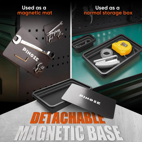 Side view of Collapsible Magnetic Parts Tray Organizer Set With 12 Inch Flexible Magnetic Pickup Tool Garage Ready 3 Sized Magnetic Trays And Pick Up Sweeper For Screws Bolts Nuts Washers Pins And Metal Parts Black, showcasing use as magnetic mat and storage box with detachable magnetic base.