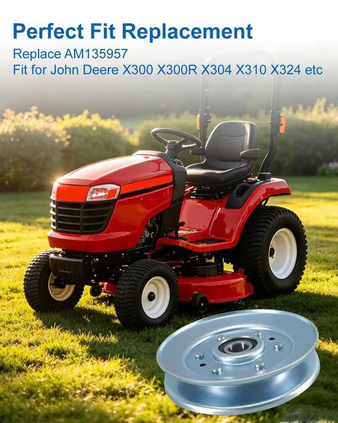 V Belt Idler Pulley For Riding Lawnmowers With Forty Two Inch Deck Heavy Duty Steel Tensioner Guide close-up on mower and pulley