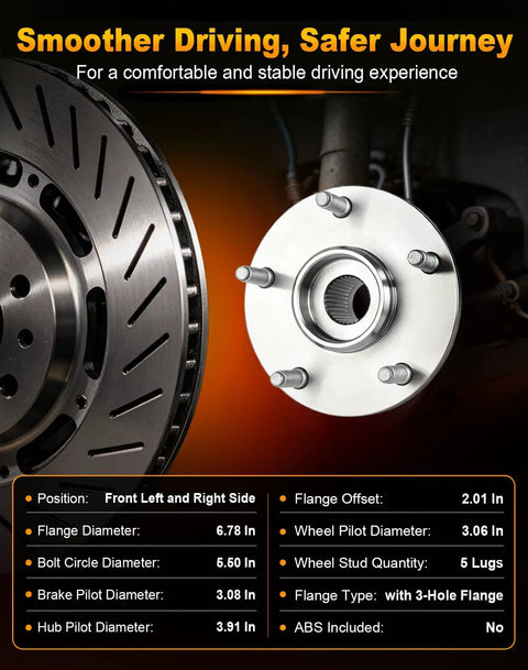 Smooth Rollin Heavy Duty Front Wheel Hub And Bearing Assembly For Dodge Ram 1500 4WD 5 Lug Without Abs 1994 1999 close-up of flange and measurements.