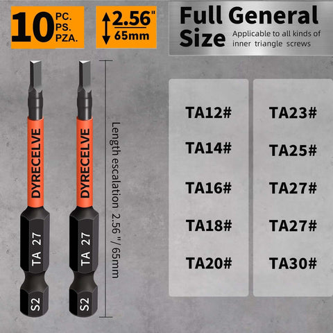 Front view of 10-piece triangle screwdriver set with orange handles and 1/4 in hex shank TA12–TA30 (TA27x2).