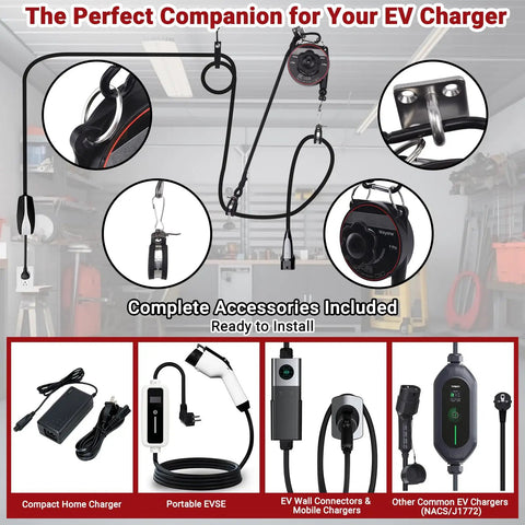 No Sweat Wall Mount Retractable EV Charger Cable Holder Reel Organizer Fits Tesla And Universal Level 2 EV Station accessories displayed with wall mount.