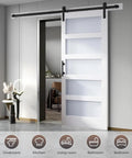 Hella Durable Sliding Barn Door With Smooth Track Hardware Kit For Closets And Hallways Featuring Five Tempered Frosted Glass Panels on a stylish entryway.
