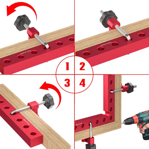 Corner Clamps For Woodworking 4 Pack 90 Degree Right Angle Aluminum Squares 5.5 Inch showing setup process on wood joints.