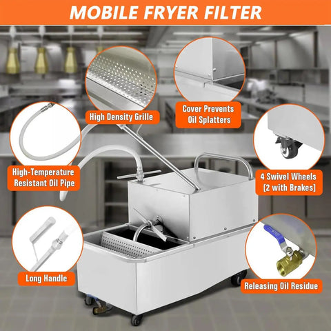 Mobile fryer filter machine showing high-density grille, oil pipe, long handle, and swivel wheels for efficient oil filtration.