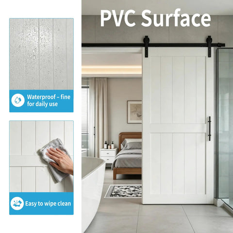 36 By 84 Inch Solid Pine Sliding Barn Door With Slick Rolling Hardware Kit For Bedroom And Bathroom Frictionless Slide Room Divider No Sweat Install Premium Grade Build, PVC surface, waterproof.
