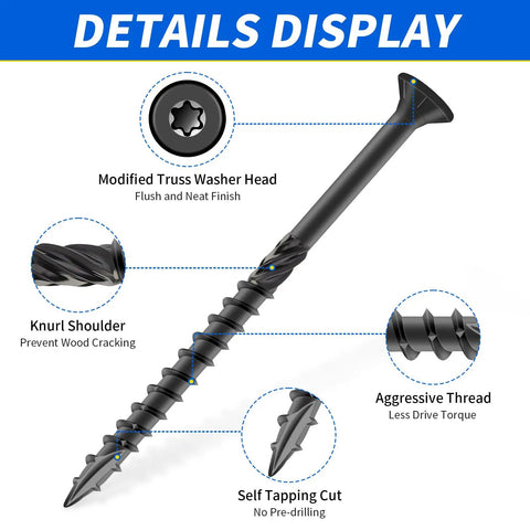 No 10 Deck Screws, 2-1/2 Inch, 65 Pack, Epoxy Coated Carbon Steel, Rust Resistant Black Finish, Torx T25 Bit Included, detailed view