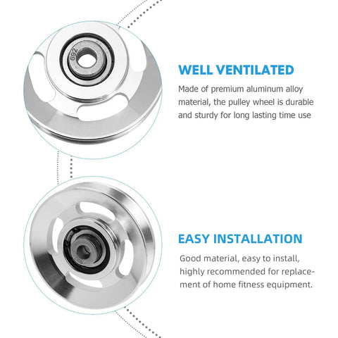 Close-up of heavy duty replaceable cable pulley wheels, aluminum alloy, 3.46 inches, perfect for gym equipment installation.