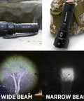 High Powered LED Flashlight S1200 Mid Size Zoomable Beam Water Resistant Handheld Light showing wide and narrow beam options