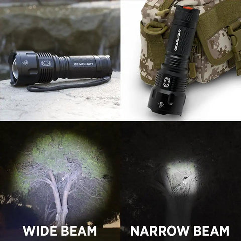 High Powered LED Flashlight S1200 Mid Size Zoomable Beam Water Resistant Handheld Light showing wide and narrow beam options