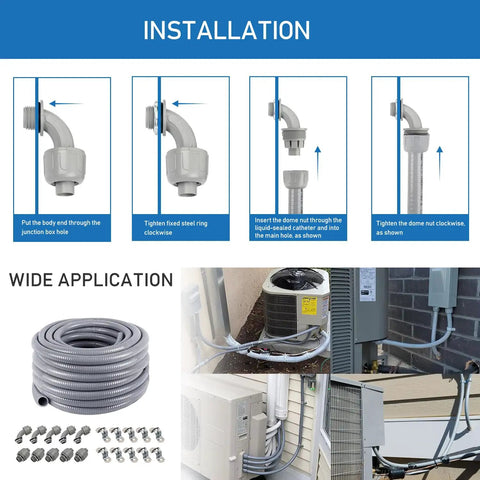 Half Inch Flexible PVC Electrical Conduit Kit 50 Feet Liquid Tight With Five Couplings Five Elbows And Ten Straps installation guide