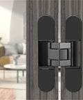 Premium Quality Straight Up Heavy Duty Concealed Hinges Built Like A Tank For Wood Doors Tough As Nails Smooth Swinging Adjustable 180 Degree Hidden Hardware Black 2 Pack on a wood door.