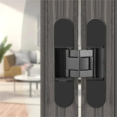 Heavy Duty Concealed Hinges For Wooden Doors, Badass 180 Degree Swing, Tight Fit Build, visible on wooden door with black finish.