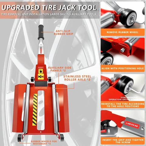 Upgraded Portable Roller Tire Jack With Double Ramp For Cars Trucks And Suvs Effortless Whip Hoist Easy No Sweat Vehicle Lift Replacement Wheel Service Tool Heavy Duty showing anti-slip grip and stainless steel roller axle.
