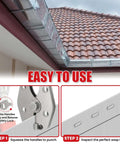 Steps showing how to use a locking punch notcher for sheet metal with three eighths inch wide throat on a gutter.
