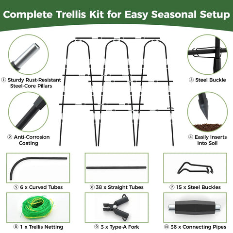 Complete trellis kit components for Cucumber Trellis For Raised Beds, U Shape Garden Arch With Netting, Heavy Duty Metal Plant Support.