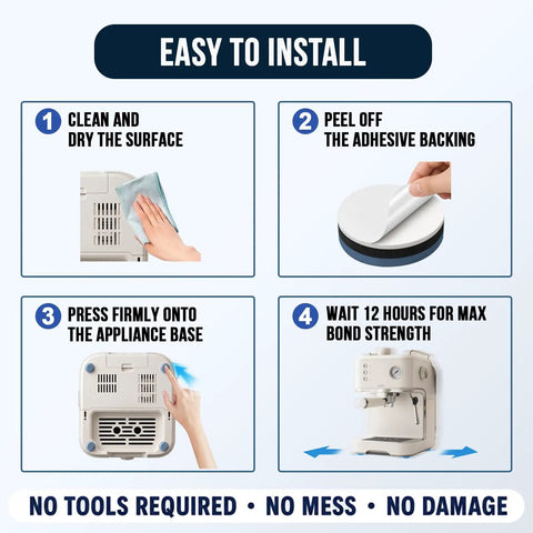 Easy to install guide for Heavy Duty Small Appliance Sliders For Countertop Glide 16 Pack showing clean, peel, press, wait steps.