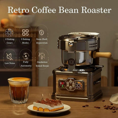 Top Tier Home Coffee Bean Roaster Featuring Silent Quick Heat Modes Sleek Retro European Frame with coffee and dessert on table.