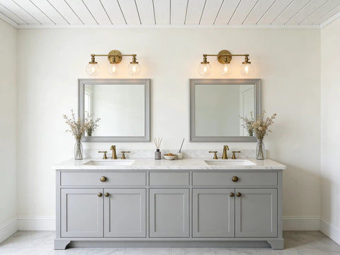 Bathroom vanity with two mirrors and Three Light Antique Brass Wall Sconces With Clear Glass Globes Dope Industrial Vanity Lighting