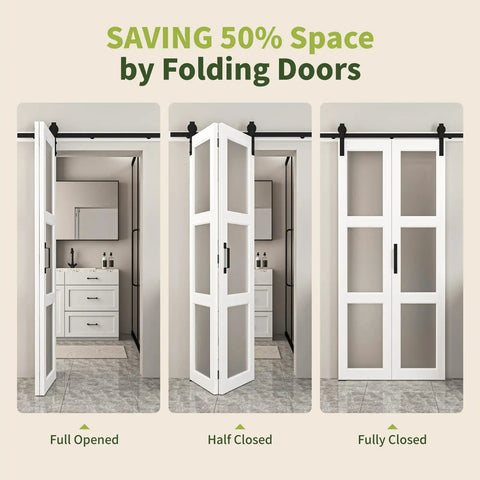 32 By 84 Inches Sliding Bifold Barn Door With Clear Glass Top Shelf Space Saving Interior Panel For Tight Spaces Bedroom Pantry Laundry Smooth Operator in full, half, and closed positions.