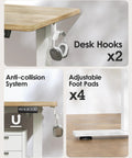 Height Adjustable Electric Standing Desk With 47.2 By 23.6 Inch Surface, Sit Stand Desk With White Frame And Maple Top, Memory Controller, Easy Assembly details showing desk hooks, anti-collision system, and adjustable foot pads.